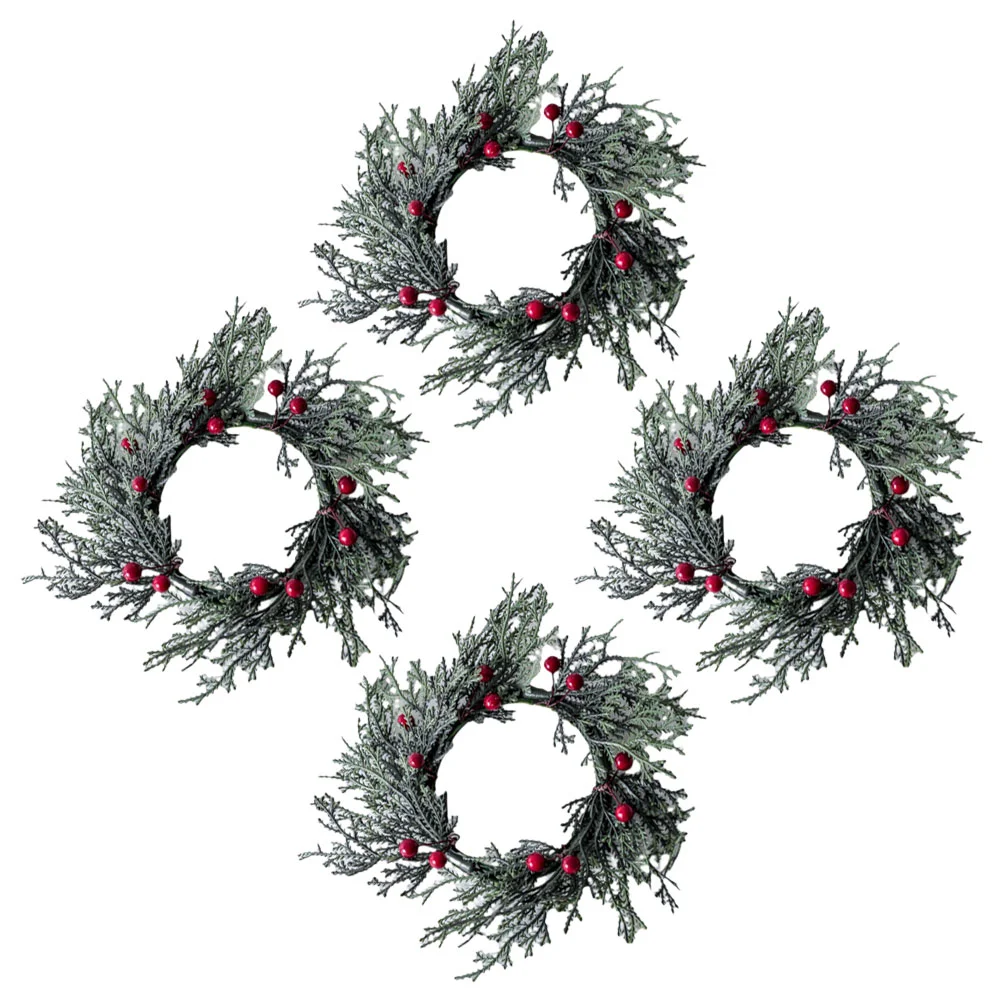 

4pcs Christmas Rings Artificial Red Berries Snowy Pine Needles Garlands Pillar Wreaths Home Decor Table Centerpiece