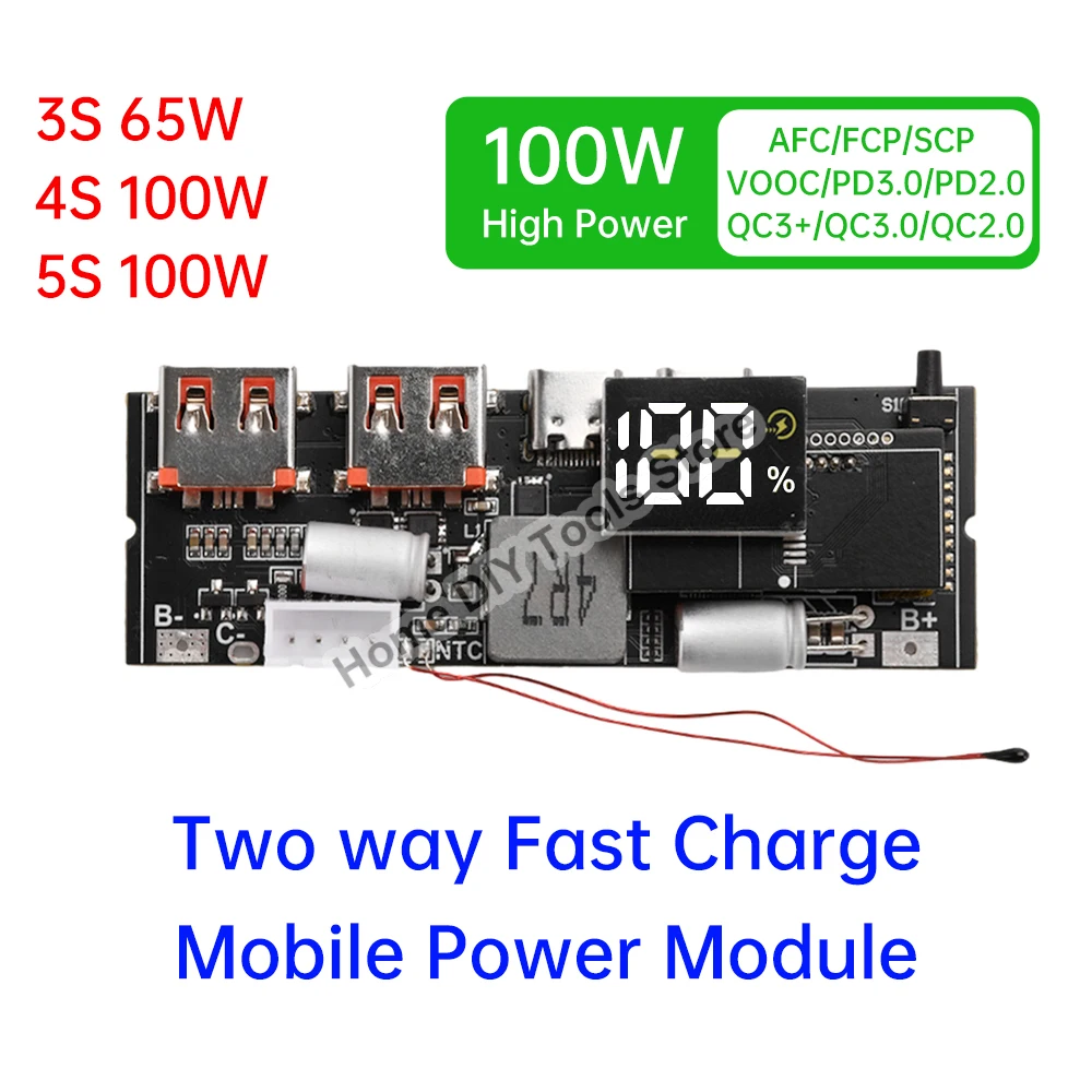 65W 100W Power Bank Double Type-C Port Two Way Fast Charge Mobile Power Module DIY Motherboard 3S 4S 5S QC/PD/PPS/SCP/VOOC