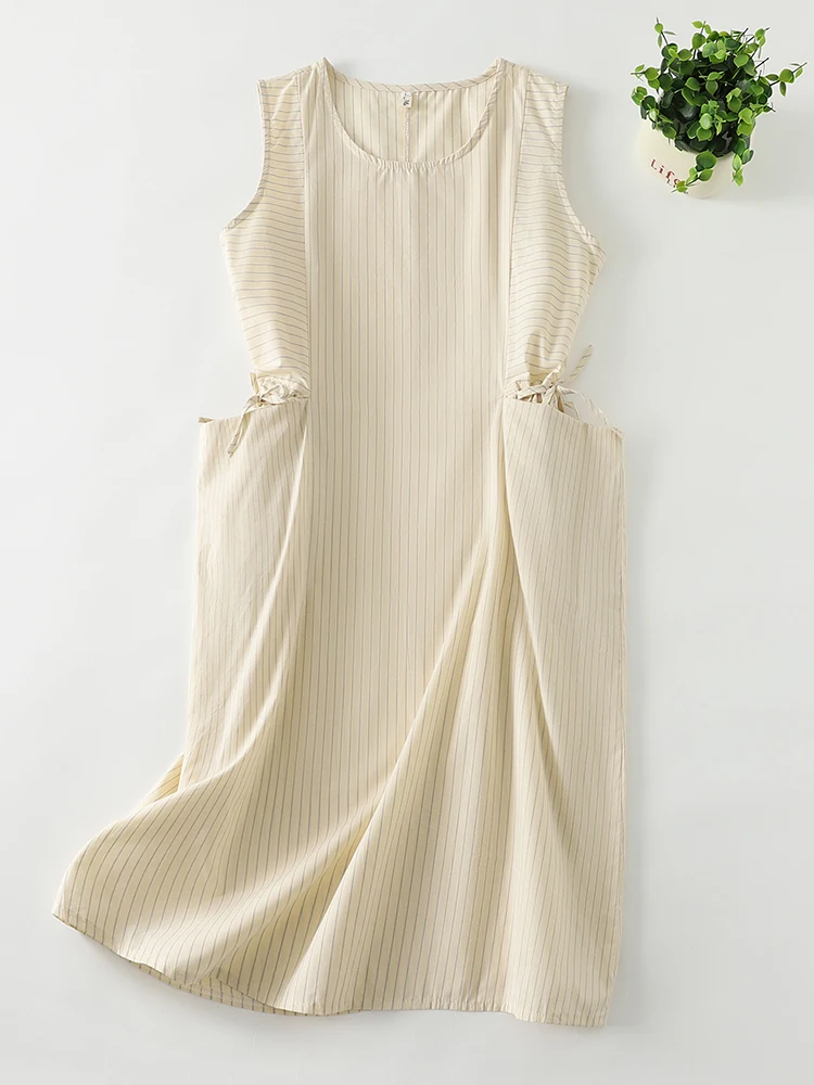 

Striped Drawstring Large Pocket Sleeveless Women's Dress Retro Design Slimming Long Skirt Casual High Waist A-Line Gown