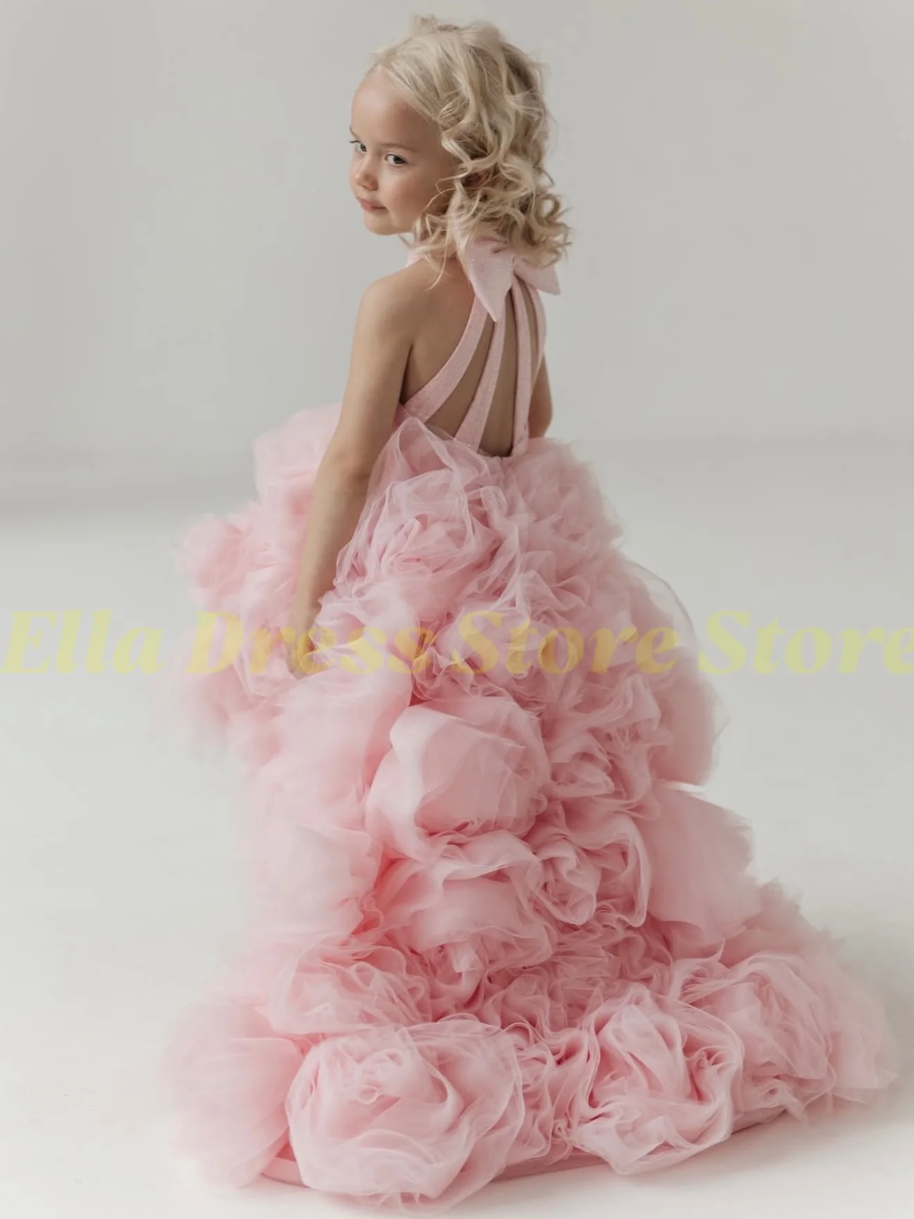Maßgefertigtes Großhandels-Luxuskleid für Blumenmädchen, Hochzeit, Festzug, Rosa Glänzendes 3D-Rosen-Tüllkleid für Geburtstag, Gast, Formelle Laufsteg-Show, Ballkleid – Detail 3