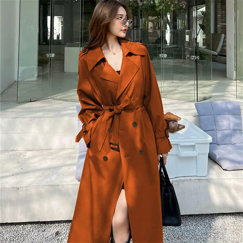 الخريف الشتاء واحدة الصدر بدوره إلى أسفل طوق خندق مكتب معطف سيدة مع الزنانير النمط البريطاني منتصف طول الصلبة معطف المرأة #3