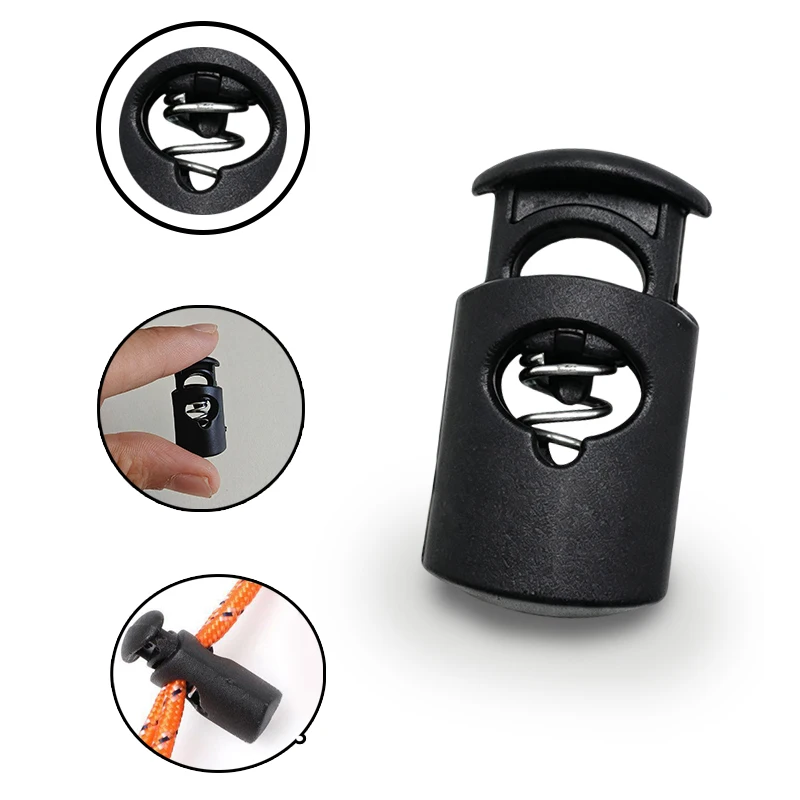 50 Stück Kunststoff-Kordelstopper Federklemmen für Kordelzug, Seil, Schlüsselband, Schnürsenkel, Kleidung, Schwarz, Einzelloch – Detail 6
