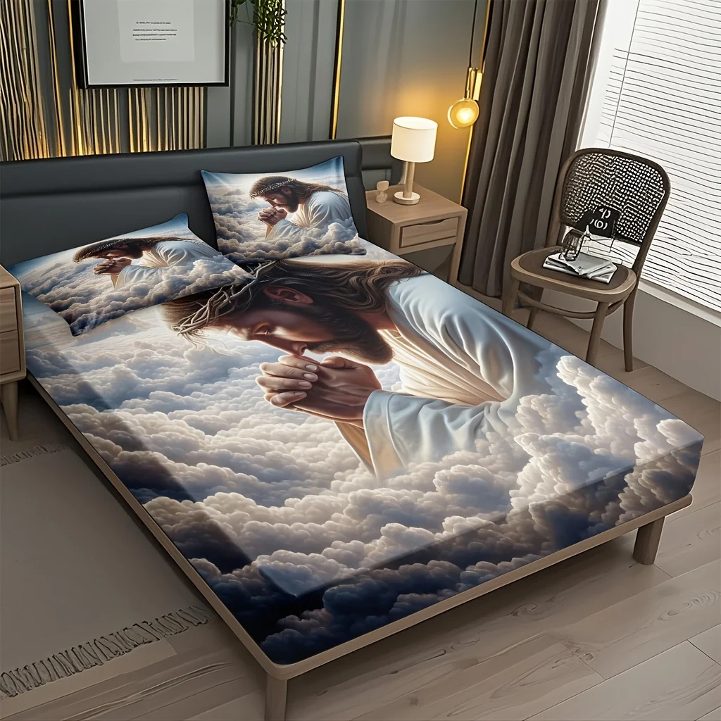 3pcs Comfortable Praying On Clouds Bed Fitted Sheet Set Soft High-Definition Digital Print Soft, Breathable 100% Polyester
