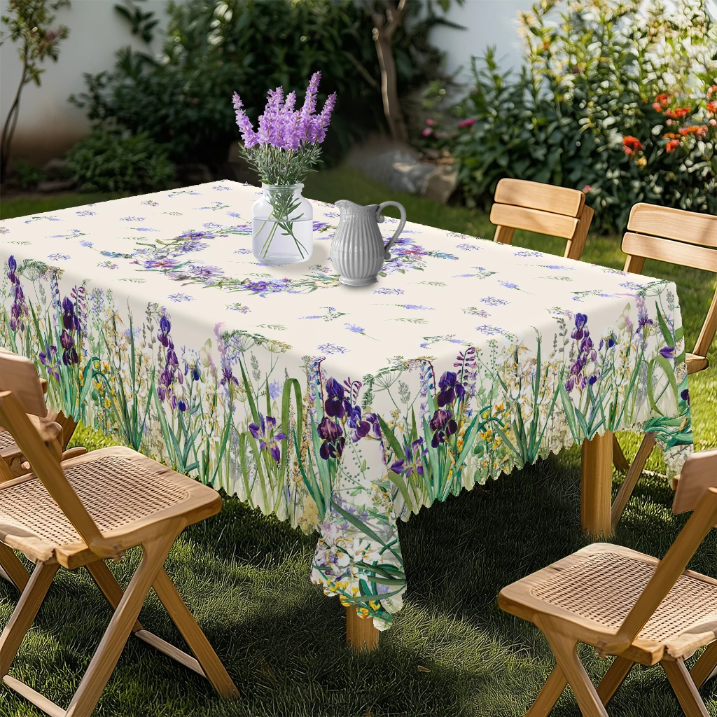 1 Piece of Springtime Fresh Floral Print Round and Rectangular Tablecloth, Available in Various Sizes, Featuring Delicate Purple Iris and Vibrant Green Grass, with Fine Blue Flower Clusters and Faint Leaf Embellishments. the Tablecloth Features Embossed Edges, Suitable for Home Dining Tables, Patio Gardens, Spring Atmosphere Decoration, and as a Gift for All Seasons