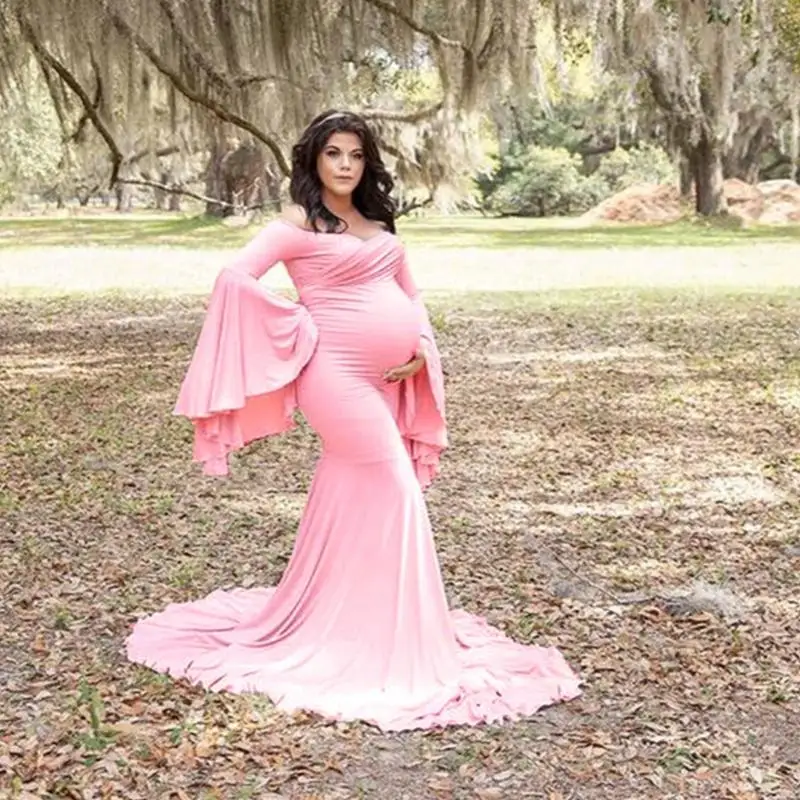 Stylish Maternity Dress Off Shoulder Bodycon Gown Featuring Ruffle Sleeves And A Flowing Train For Photoshoots A2UB