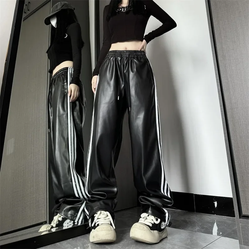 Straight Leg Pu Leather Pants Women Autumn and Winter New Striped High Waist Drawstring Wide-leg High Street Thin Pants Female