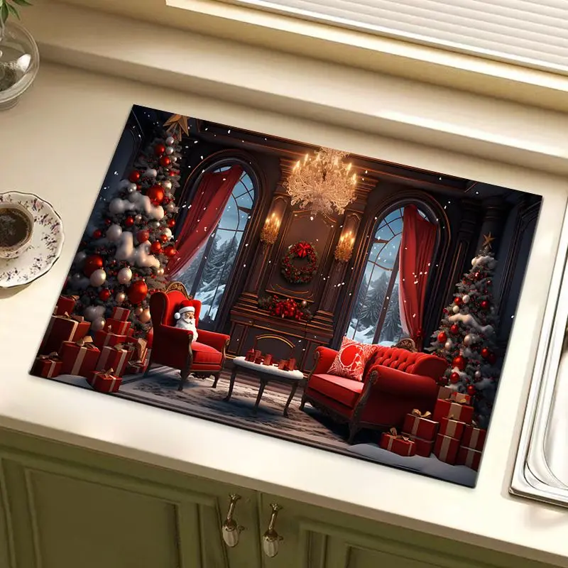 Santa Claus Fireplace Christmas Tableware Draining Mat Absorbent Quick-Drying Non-Slip Sink Countertop Mat Home Decor Holiday