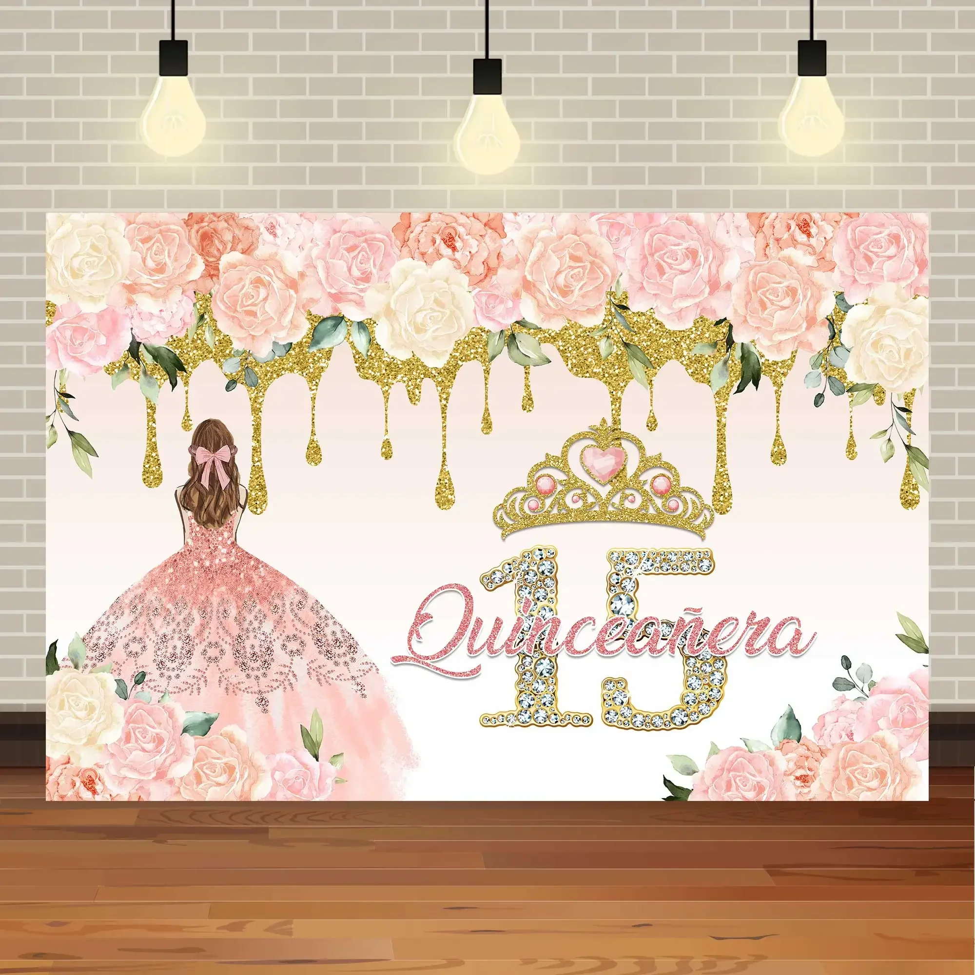 Sweet 15th Princess Birthday Party Photographic Backdrops Girl Dress Glitter Crown Floral Photo Background