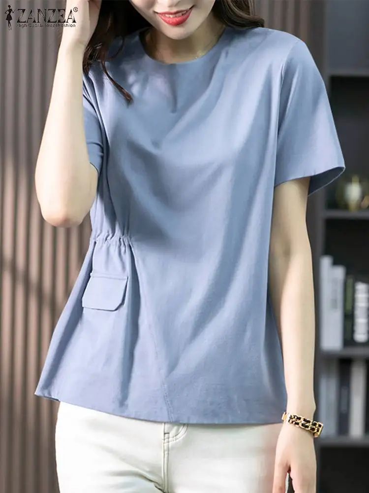 ZANZEA Women Summer Blouse Korean Fashion Short Sleeve Round Neck Tunics Casual Pleats Waisted Tops Casual Simple 2024 Blusas