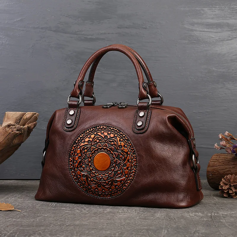 Embossed totem tote bag, top-grain cowhide commuter handbag, large-capacity handcrafted single-shoulder bag