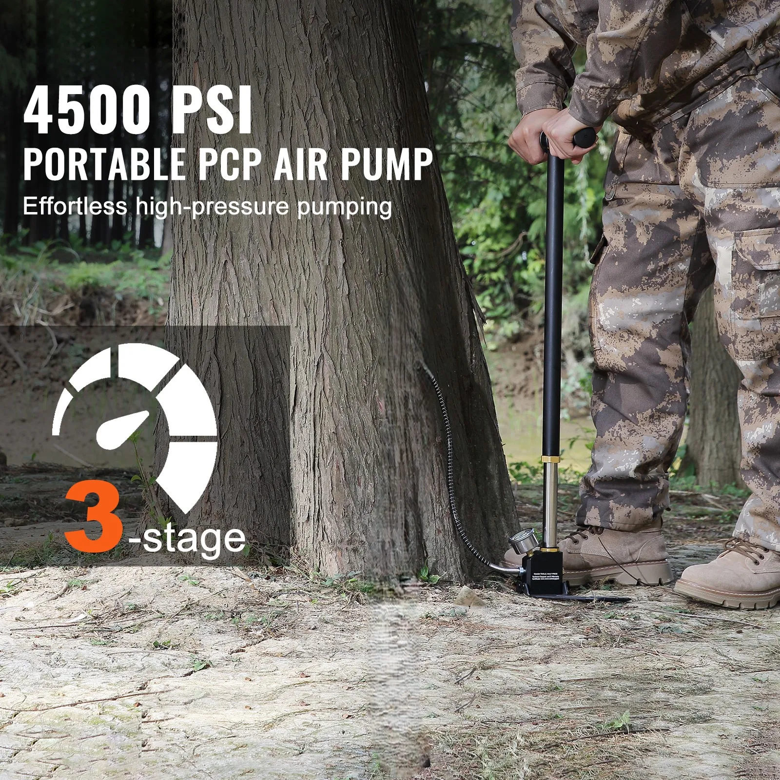SucceBuy 3 Stage PCP Pump 30MPa 4500PSI Pressure Gauge Air Hand Stirrup Pump for Car Bicycle Tire Scuba Tank Paintball Filling