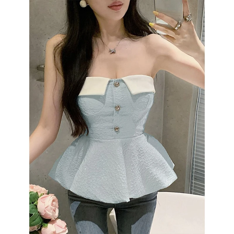 American Niche Chic Sexy Halterneck Camisole Women's Summer Fluffy Tweed Style Top Summer