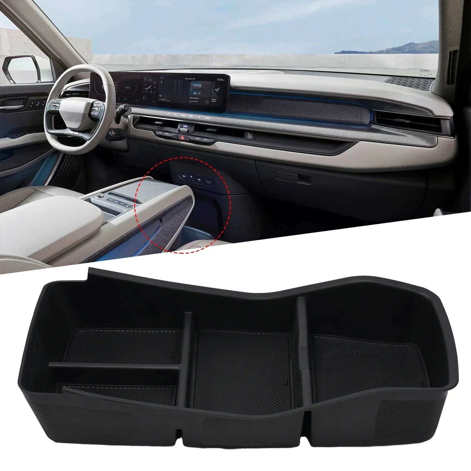 1PCS Car Central Control Lower Storage Box For Kia EV9 2023 Phone Wallet Key Snack Organizer Tray Black Interior Accessories