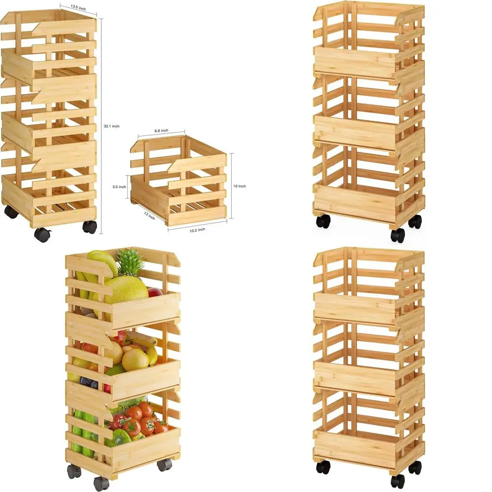 

Трехуровневая бамбуковая корзина-подставка для фруктов на колесиках для хранения на кухне, идеально подходит для картофеля, лука и овощей (самостоятельная сборка)