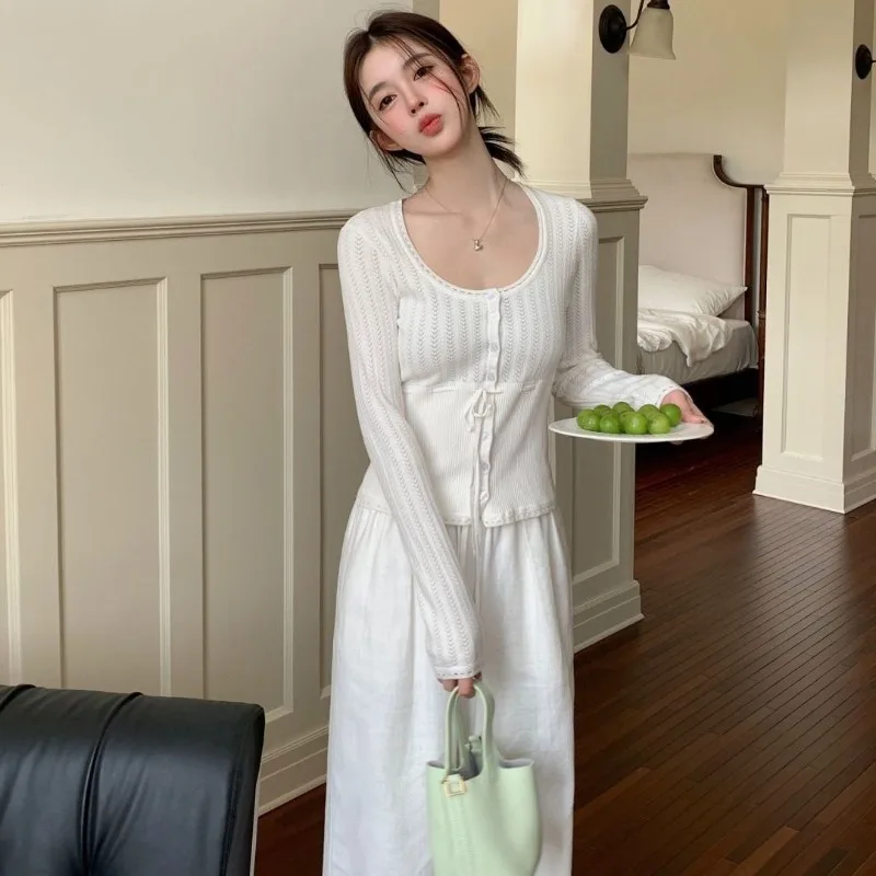 

Deeptown White Lace Up Hollow Out Women Knit Cardigan Sweet Long Sleeve Korean Fashion Knitwear Slim Soild Color Casual Spring