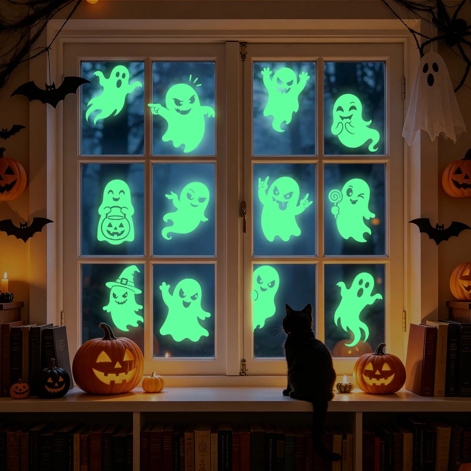 1Set/2 Sheets Halloween Glow-in-the-Dark Static Cling Decorations- Luminous and Bat Window Stickers for Parties, Window Decal