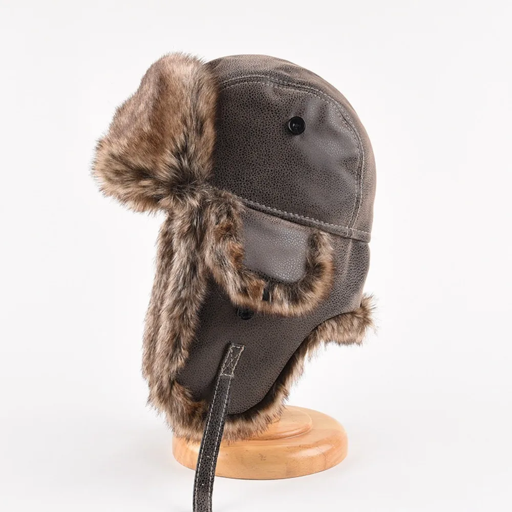 New Leather Winter Trapper Hat Faux Fur Lined Pilot Caps Lei Feng Hat Thicken Warm Ear Protection Ski Ushanka Men's