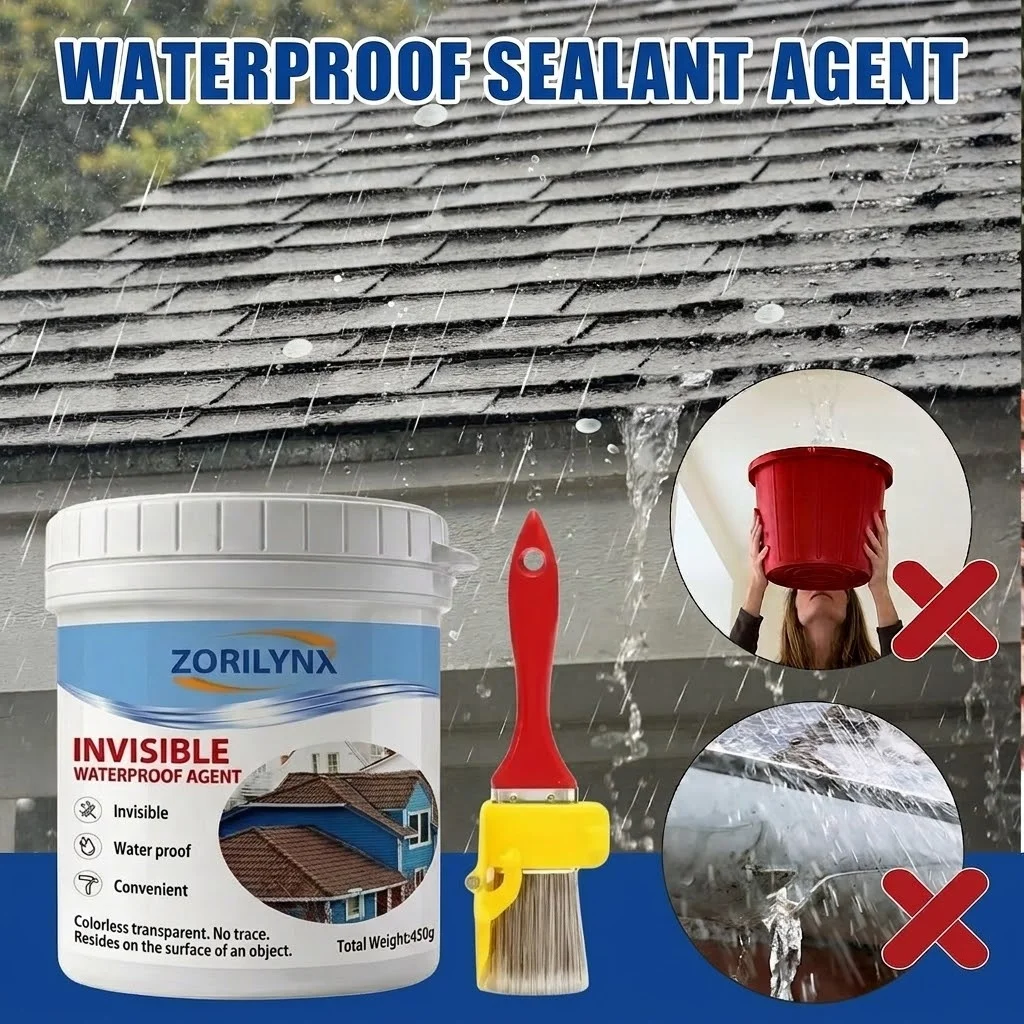 Invisible Waterproof Agent Glue with Brush Clear Coating Sealant for Bathroom Tile Wall Roof Window Water Leakage Repair 450g