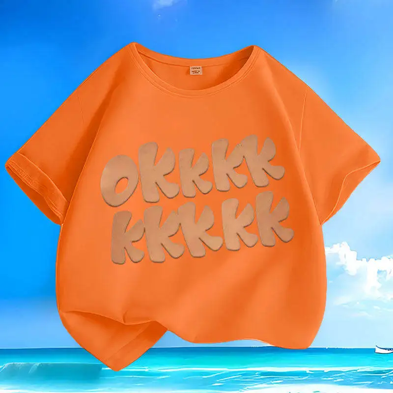 Cotton Summer New Ok Short Sleeved Men's and Women's Small and Medium-sized Children's Round Neck Top Trendy Parent-child Outfit