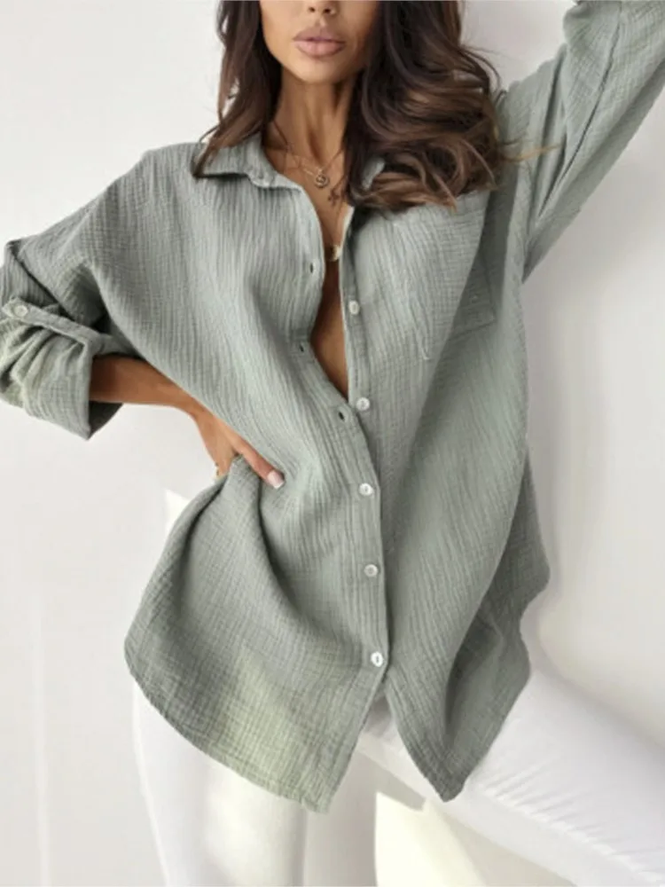 

Casual Solid Shirt Top For Women Elegant Office Long Sleeve Button Loose Shirts Tops Female Fashion Womens Clothing Spring New