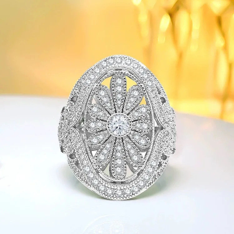 Medieval Style Retro Daisy Ring with High-end Lace Design Imported High Carbon Diamond  Hollow Ball Edge Women's Ring