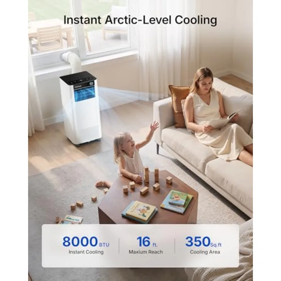 Portable air conditioner for home use, aluminum housing, white color, 8000 BTU cooling capacity with smart app/voice/remote con