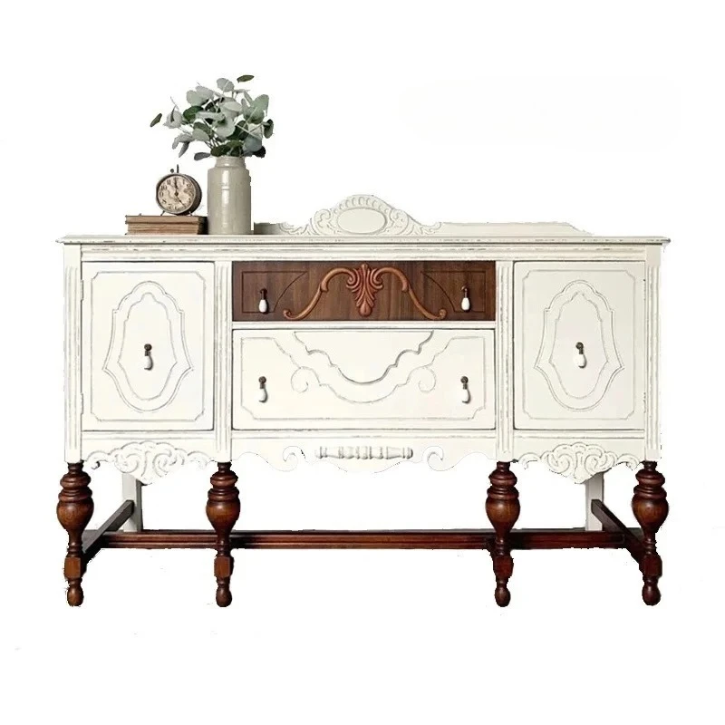

French retro old dining side cabinet solid wood carving flower foyer porch cabinet corridor wall locker