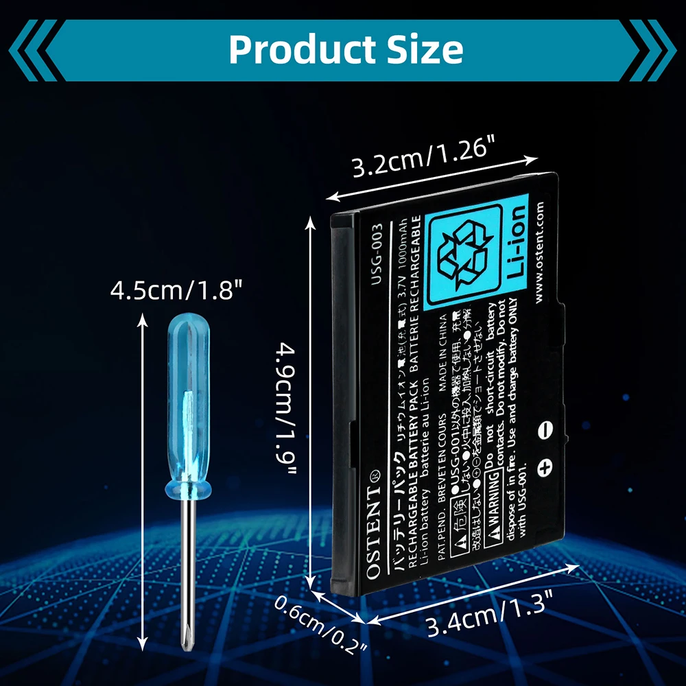 OSTENT Real Capacity 1000mAh 3.7V Rechargeable Lithium Battery+Tool Kit for Nintendo DSL NDS Lite Gamepad Replacement Battery