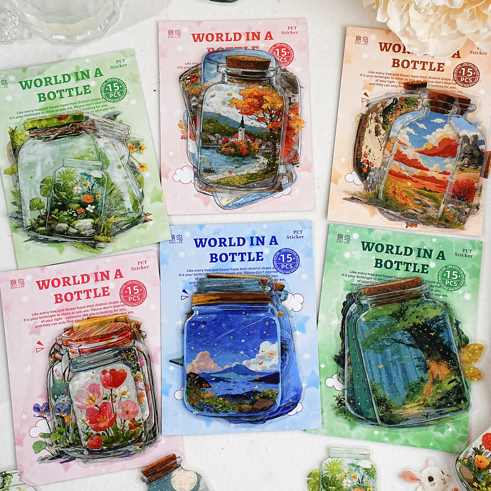 Etori Life World in a Bottle Series Retro Outdoor Scenery Pattern Pet Stickers DIY Collage for Journals, Photo Albums, Phone Cases, Luggage, Travel Stickers, Handmade Scrapbooks, Student Stationery Decoration, Children's Stickers, Small Gifts