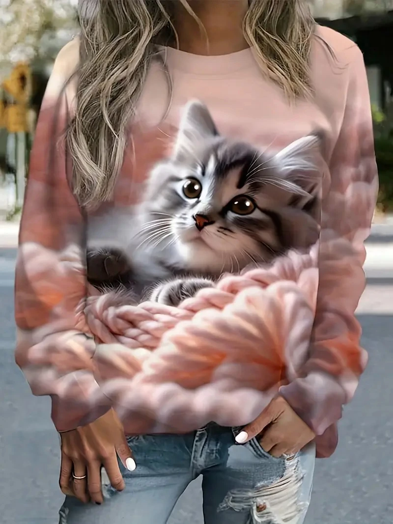 

Винтажные осенние новые женские толстовки с 3D забавным принтом кота, женский топ унисекс, повседневная футболка Y2k, уличная одежда с длинными рукавами, пуловер унисекс