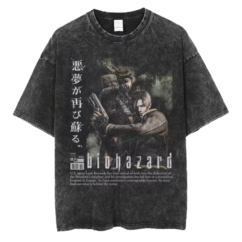 100% pure cotton retro washed men's and women's T-shirt, 1990s bio crisis Leon Kennedy oversized T-shirt