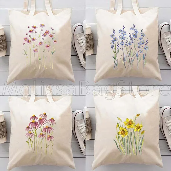

Желтый космос, букет полевых цветов, ромашки, женская парусиновая сумка через плечо, сумка в стиле Харадзюку, многоразовые сумки для покупок