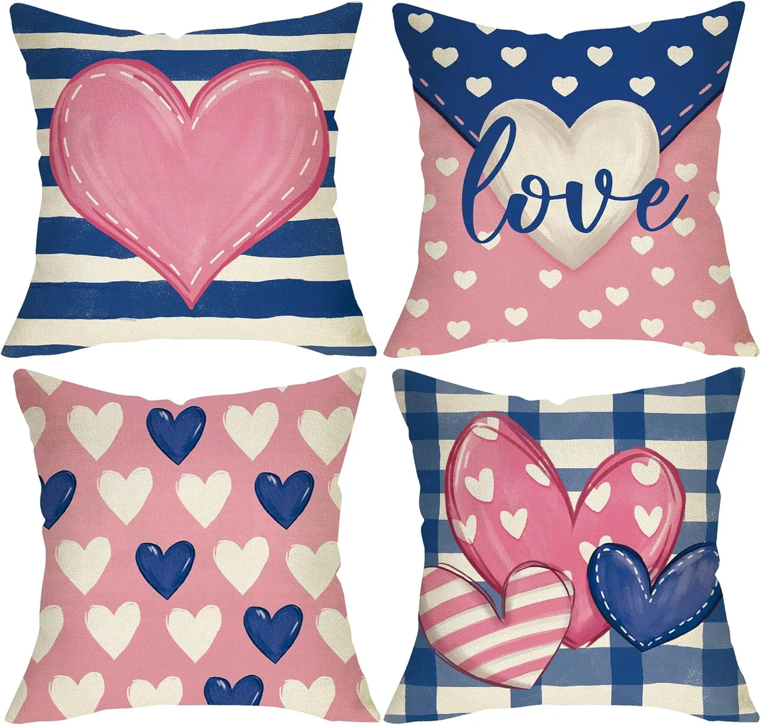 Valentine's Day Love Decorative Pillow Case 4 Pack, Blue Pink Heart Letter Home Decor, Anniversary Wedding Sofa Cushion Cover