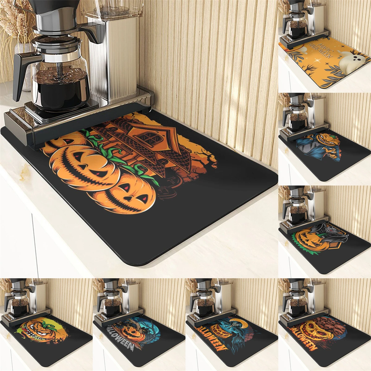 

Halloween Style Decoration And Table Accessories Cup Stand Table Mats For Dining Table Pumpkin Pattern Mats Dish Mat Drying