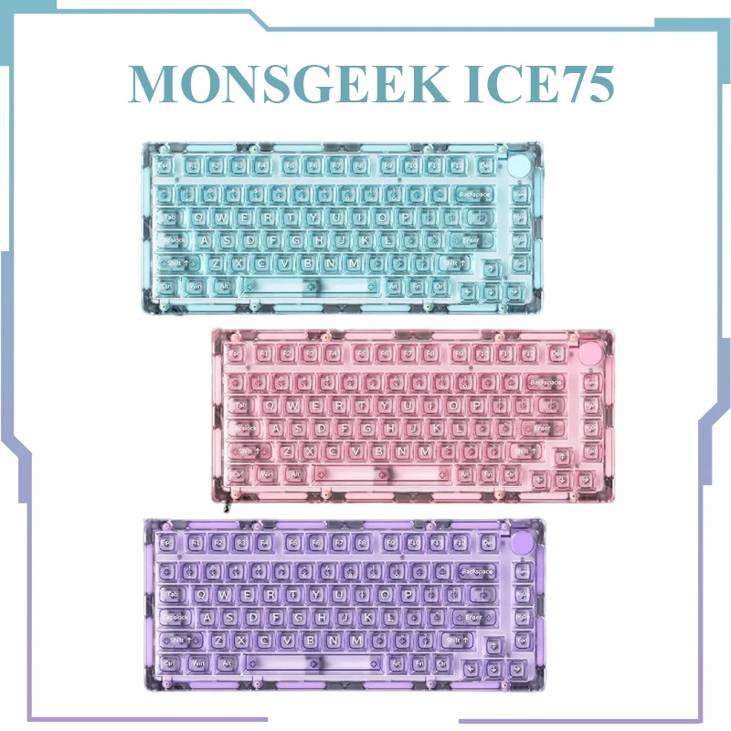 Monsgeek Ice 75 Mechanical Keyboard Three Mode Hot Swap Rgb With Fully Transparent Pc Uv Printed Keycaps Custom Gaming Keyboard