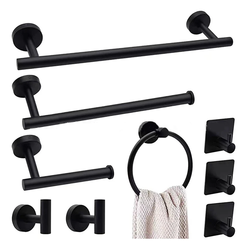 

Towel Bar Set No Punch Coat Hook Set 9 Piece Black Bathroom Hardware Set Towel Bar Set Bathroom Wall Towel Rack