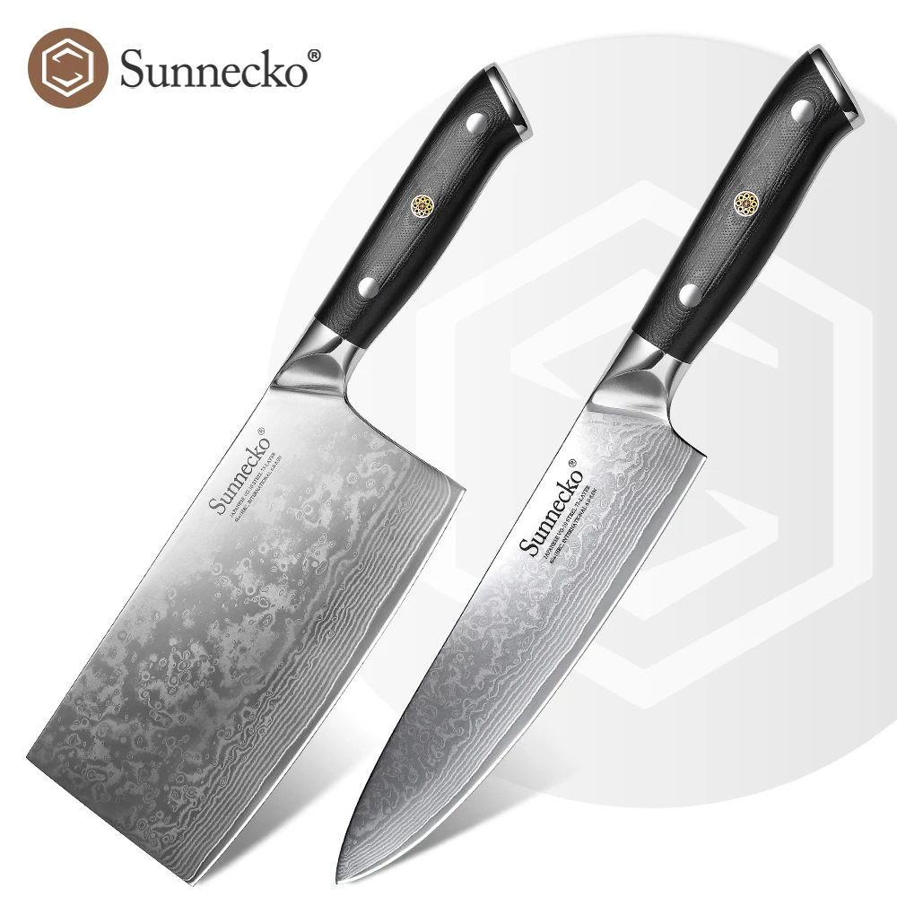 

SUNNECKO Damascus Steel Kitchen 8'' Chef 7'' Chopping Knife Set 73 Layers vg10 Western G10 Handle Gift Box Cutting Slicing Tools