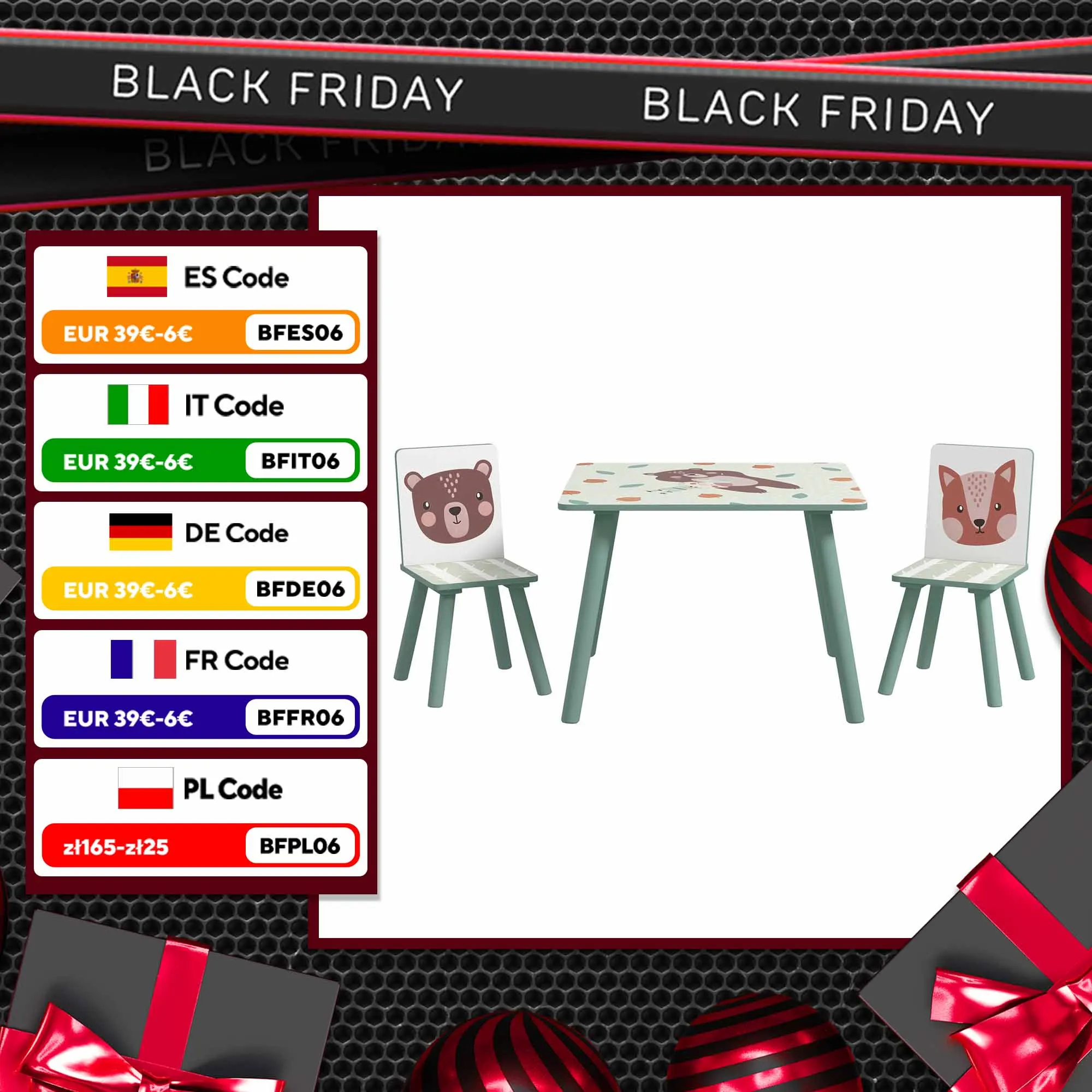 ZONEKIZ tavolo e sedie per bambini 3 pezzi per camera da letto green playroom