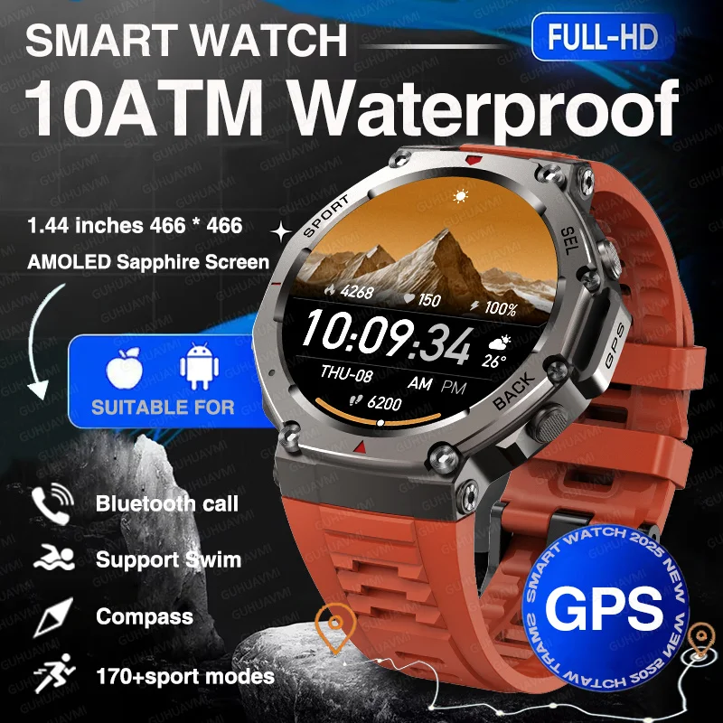 2025 New Military Bluetooth Call Smart Watch Built-in GPS Compass Barometric Altimeter 10ATM Waterproof Sports Smartwatches Men