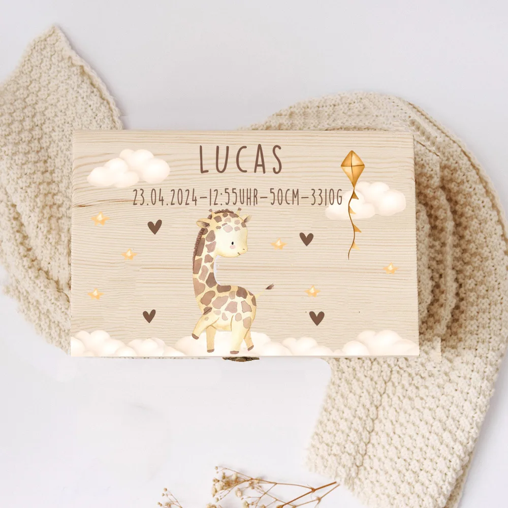 Boîte à mémoire de bébé avec nom personnalisé, boîtes à mémoire d'animaux arc-en-ciel imprimés en bois, étui à souvenirs pour enfants, cadeau d'anniversaire pour fête d'anniversaire pour enfant