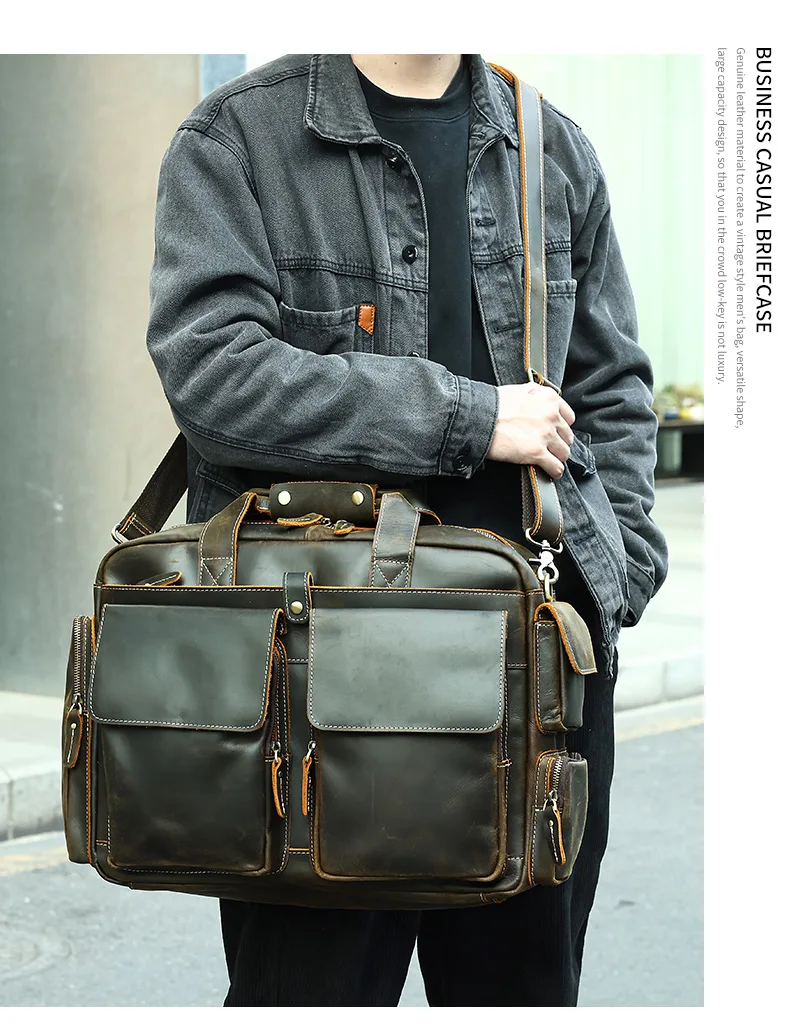 Highend A4 Vintage Black Coffee Genuino Cuoio Executive Valigetta da uomo Portafoglio 15.6 '' 14 '' Borsa per laptop Borse a tracolla