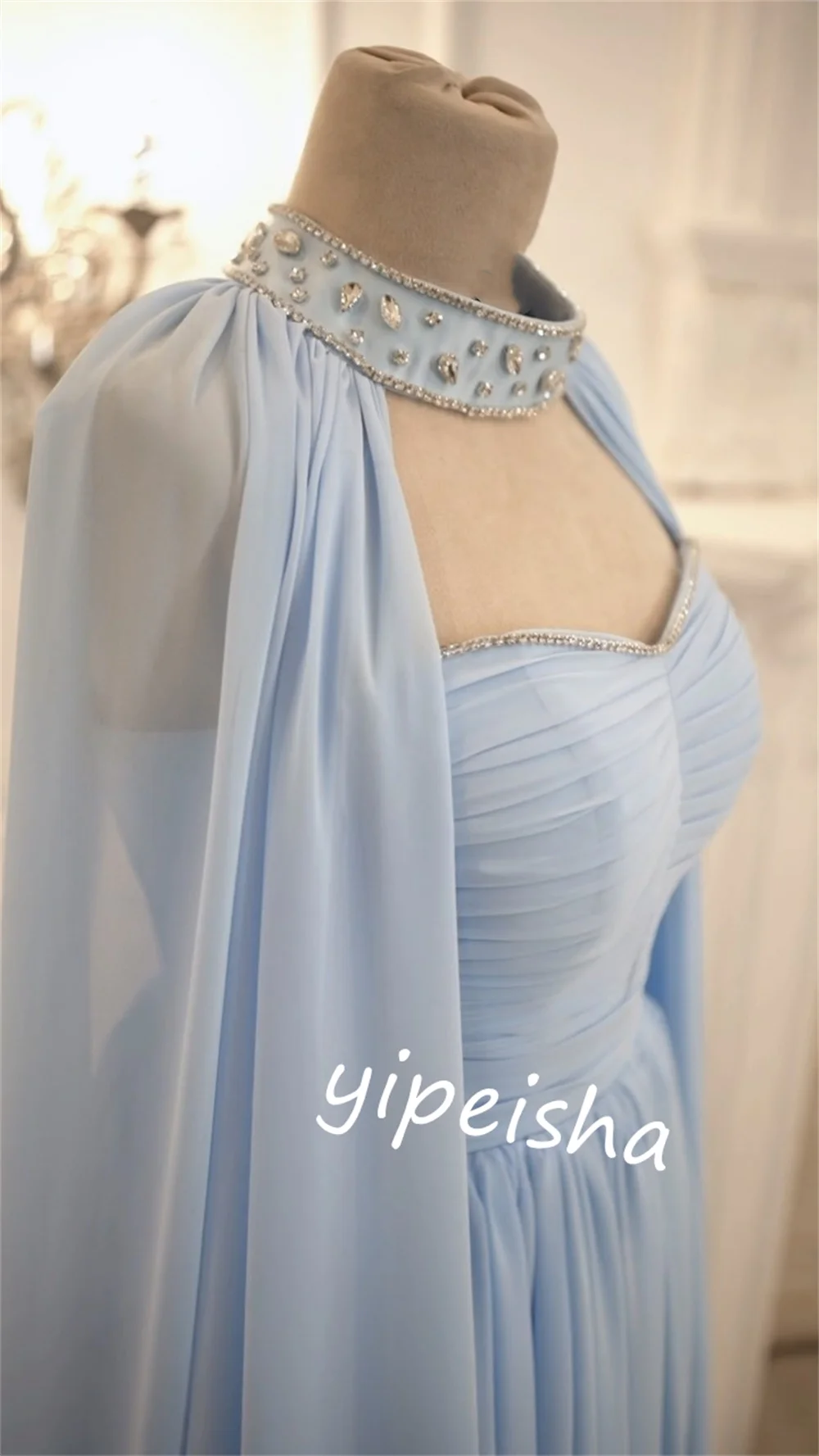 Chiffon Pleat Quinceanera A-line High Collar Bespoke Occasion Gown Long Dresses