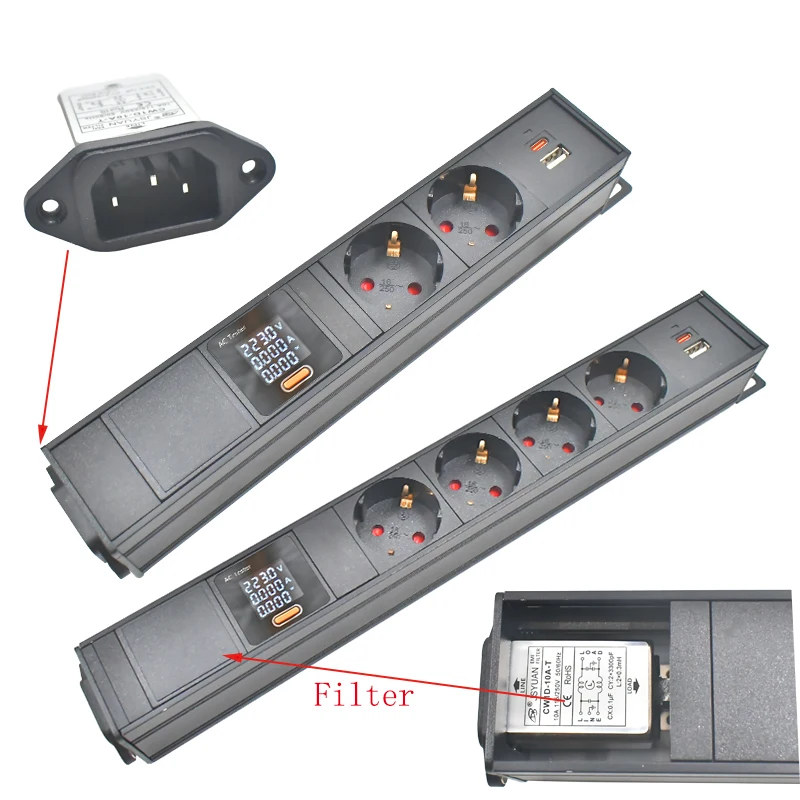 

Aluminum alloy shell PDU power board EU socket C14 interface 1-8 positions, with ammeter TPC fast charging filter 10A/4000W