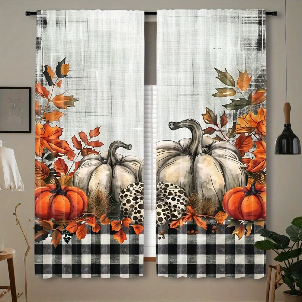 2pcs,rural autumn pumpkin and maple leaf curtains-farmhouse grid,suitable for living room and bedroom-Christmas home decoration