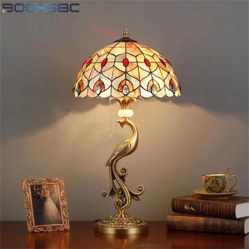 

BOCHSBC Tiffany Style Table Lamp Rose Dragonfly Natural Shell Brass Phenix Frame Home Florid Deco Dimming Remote Desk Light