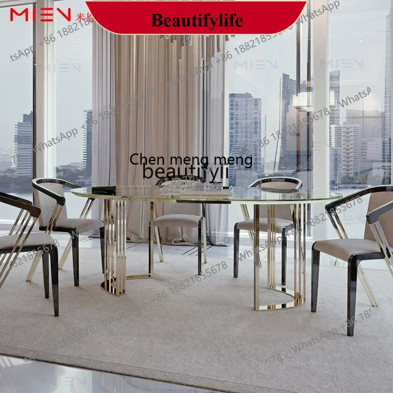 

D178 Легкий роскошный прозрачный стеклянный овальный стол в гонконгском стиле, бытовой обеденный стол из нержавеющей стали, овальный стол 07
