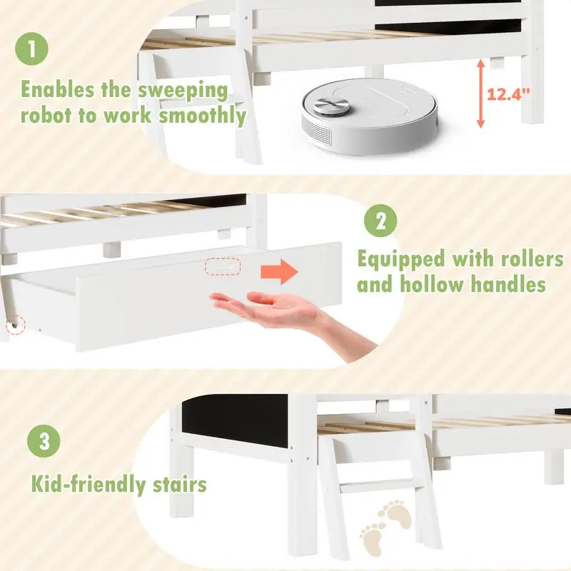 سرير منزلي مزدوج الحجم مع سلم وأدراج تخزين، وإطار سرير بمنصة من الخشب الصلب مع تصميمينين من السبورة، بدون صندوق زنبركي