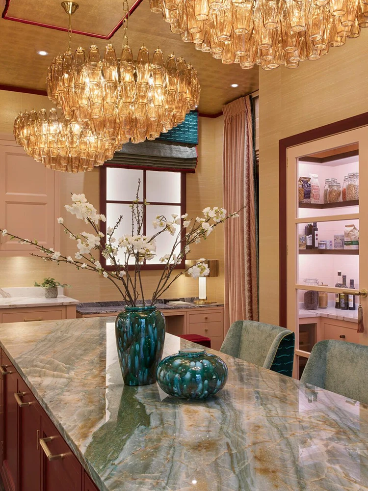 

REVEN American Style Luster Murano Glass Hardware Chandelier Dimmable Adjustable Chain 3-Color Light for Living Room Hotel