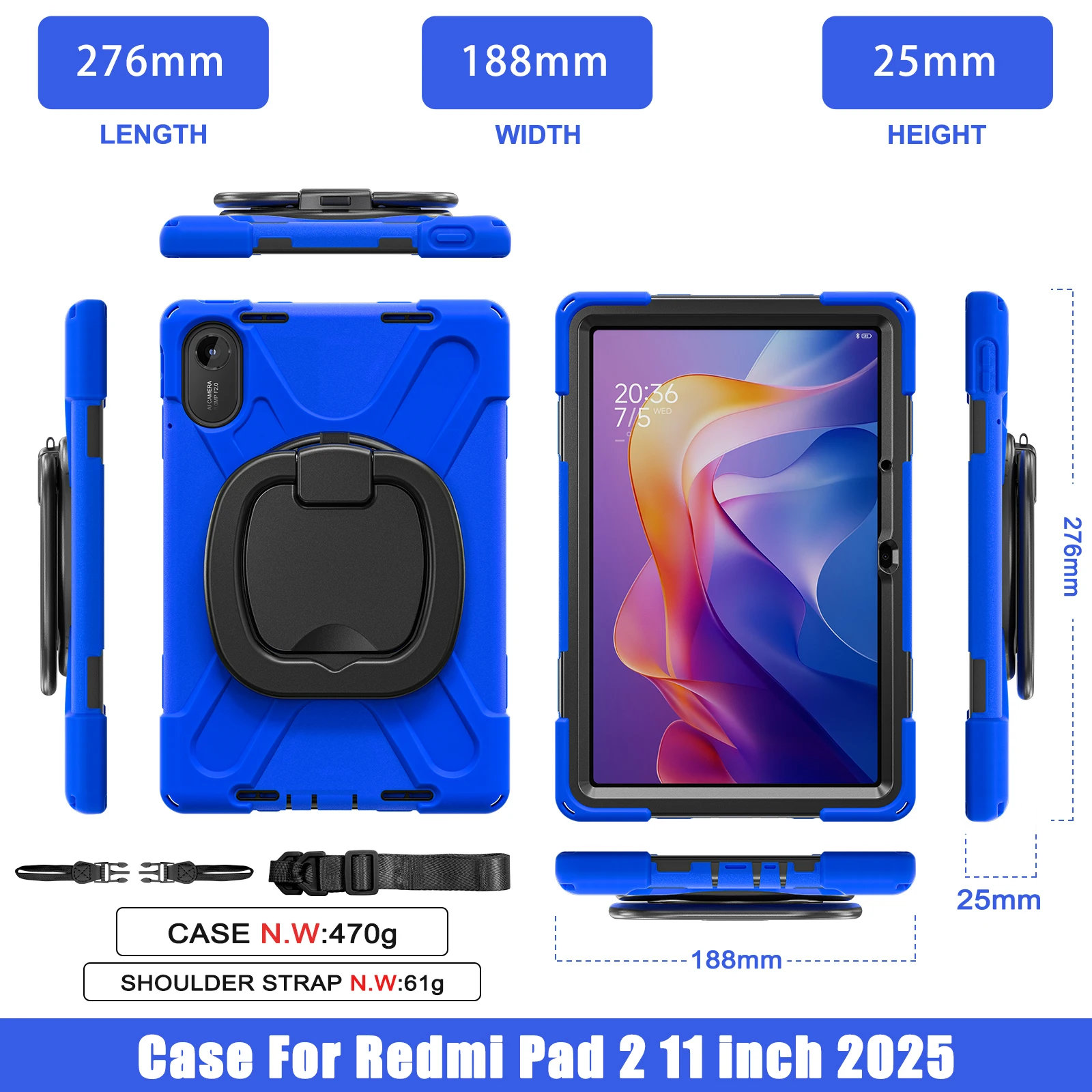 

Silicone + PC 360 degree rotate stand case For Xiaomi Redmi Pad 2 11" 2025 Anti-Slip Kickstand Cover Case With shoulder strap