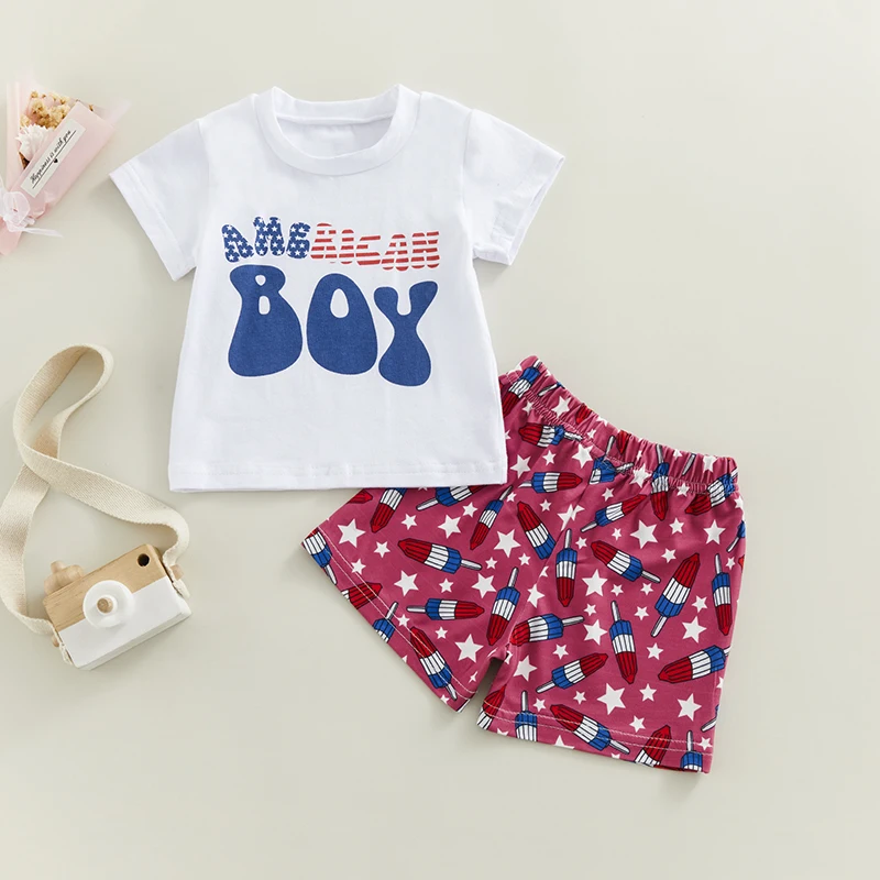 2023-03-10 Lioraitiin 0-3Years Independence Day Baby Boys 2Pcs Clothes Letter Print Short Sleeve T-Shirts Stars Stripe Shorts